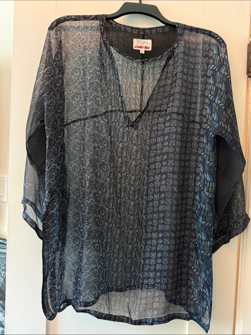 Johnny Was Navy Sheer Patterned V-Neck Tunic